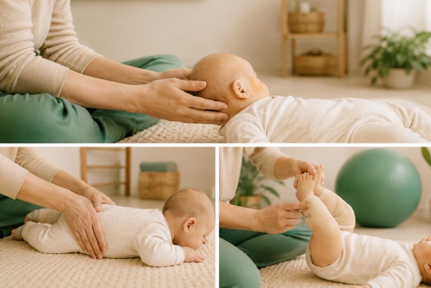 Sesión de fisioterapia pediátrica con un bebé